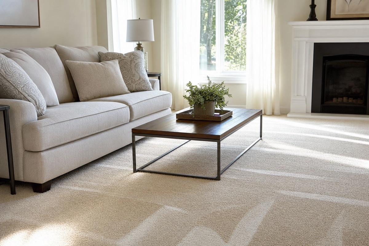 Bright clean living room with freshly cleaned carpet and upholstered sofa