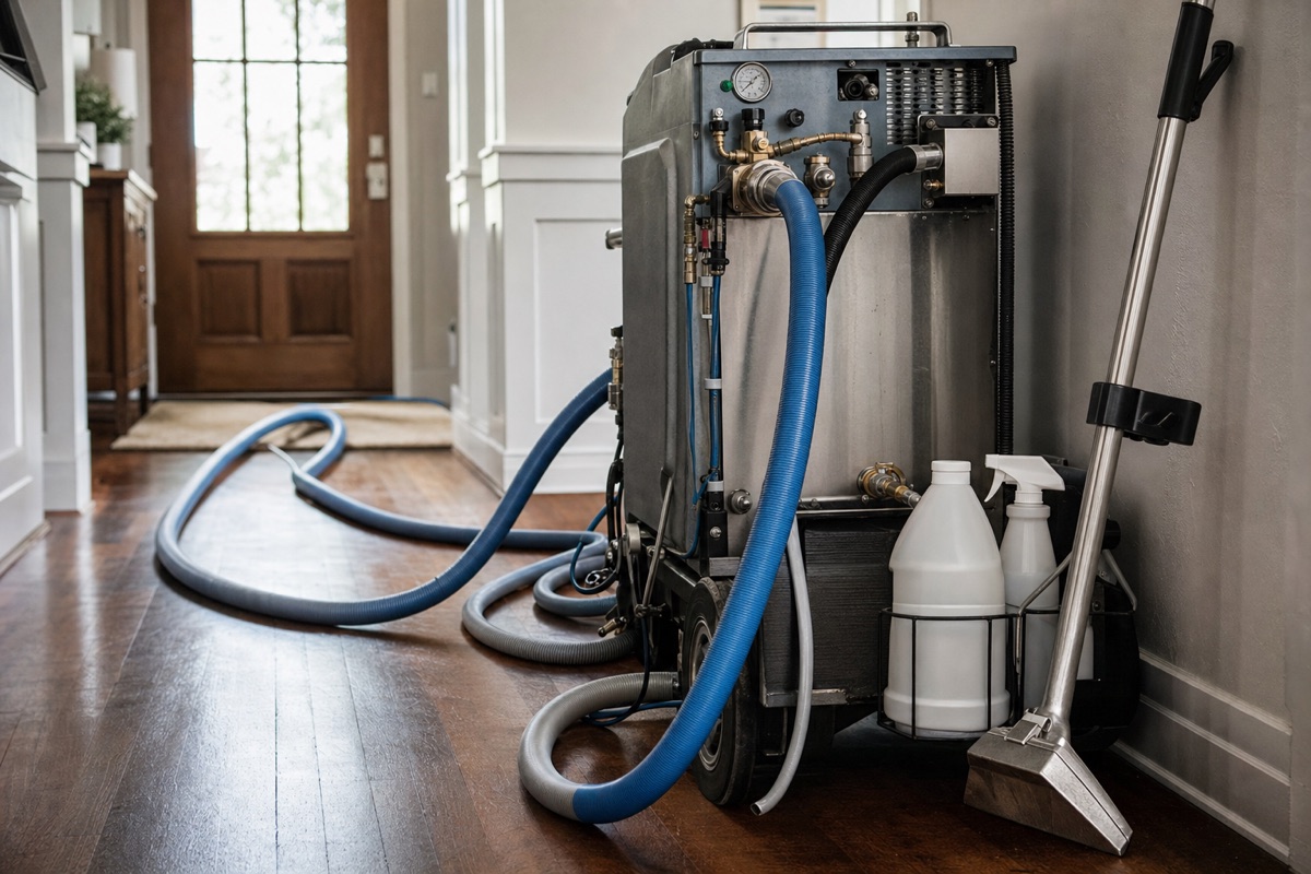 Professional carpet cleaning extraction equipment and hoses set up inside a home