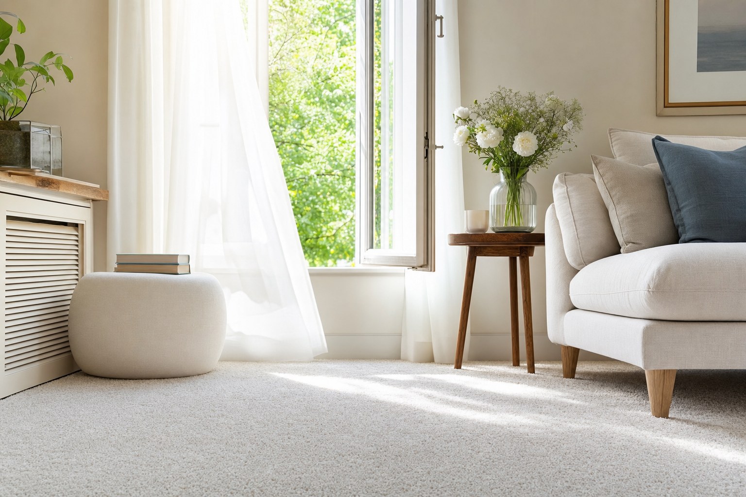 Bright spring living room with freshly cleaned carpet and an open window