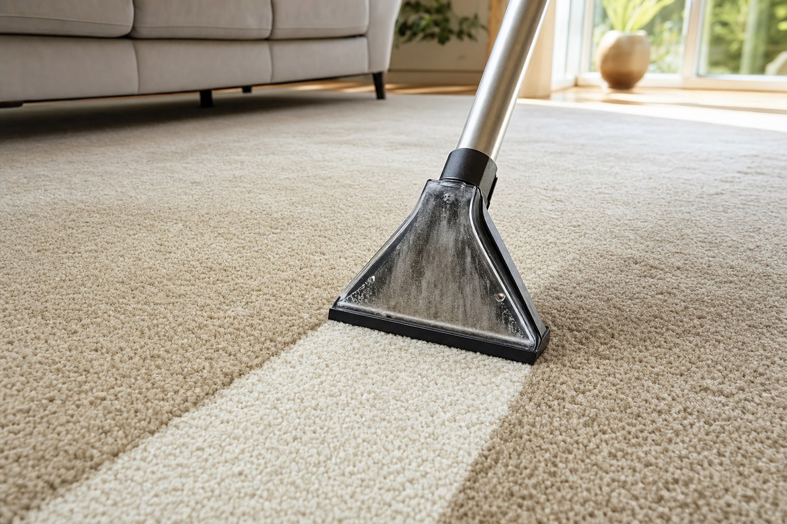 Carpet cleaning tool showing a cleaned path next to soiled carpet