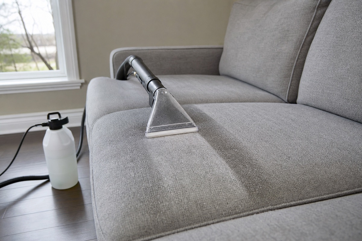 Professional upholstery cleaning tool cleaning a grey fabric sofa cushion