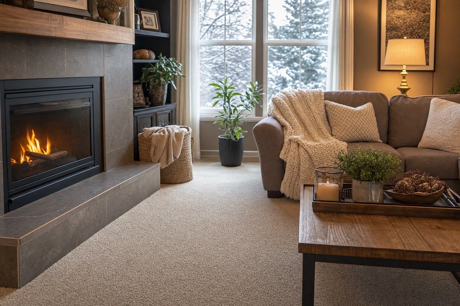 Cozy winter living room with a freshly cleaned carpet and fireplace